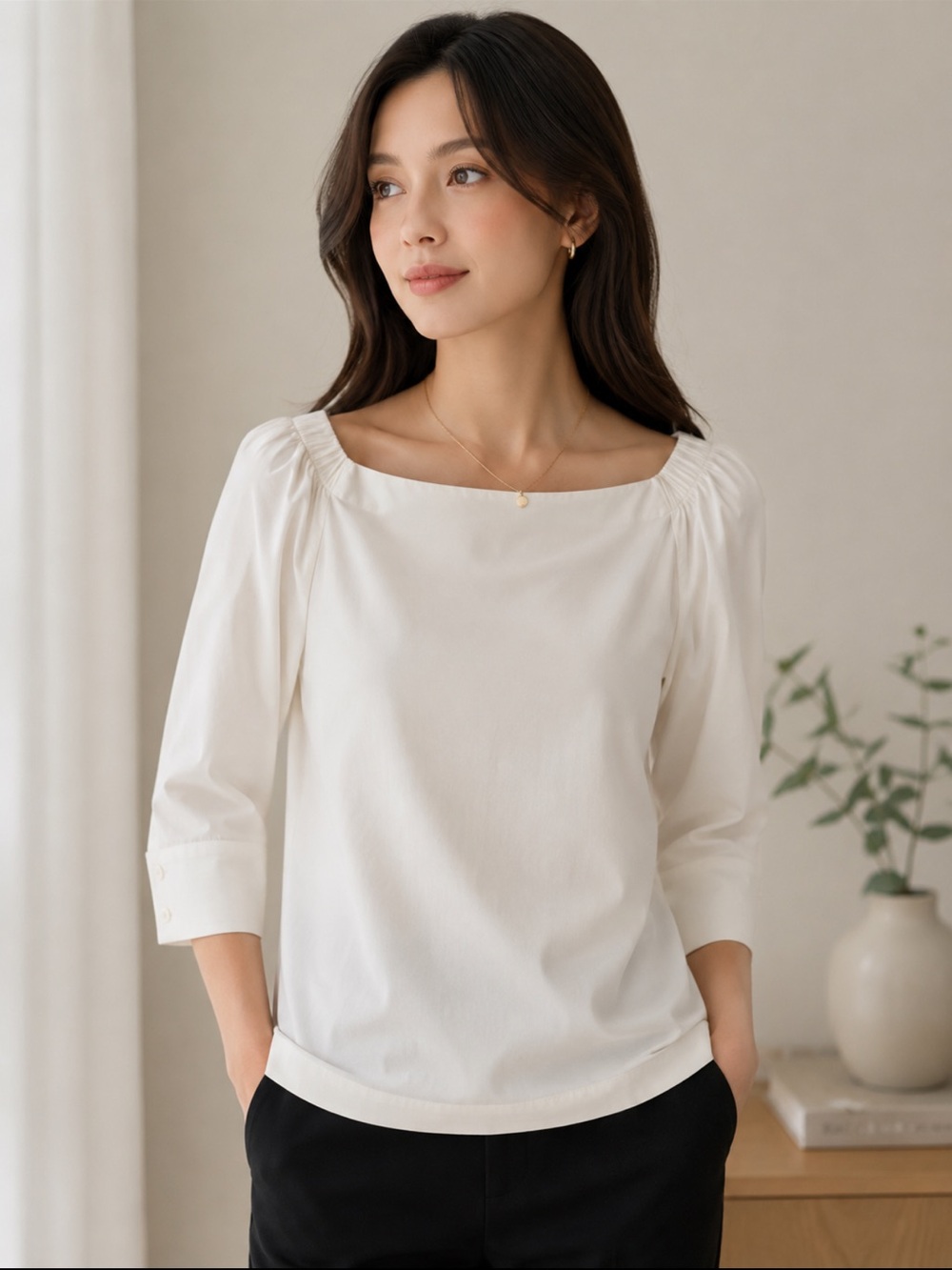 Theory Ivory Boatneck Top Petite P (Fits Small) 3/4 Sleeve Minimalist Luxury